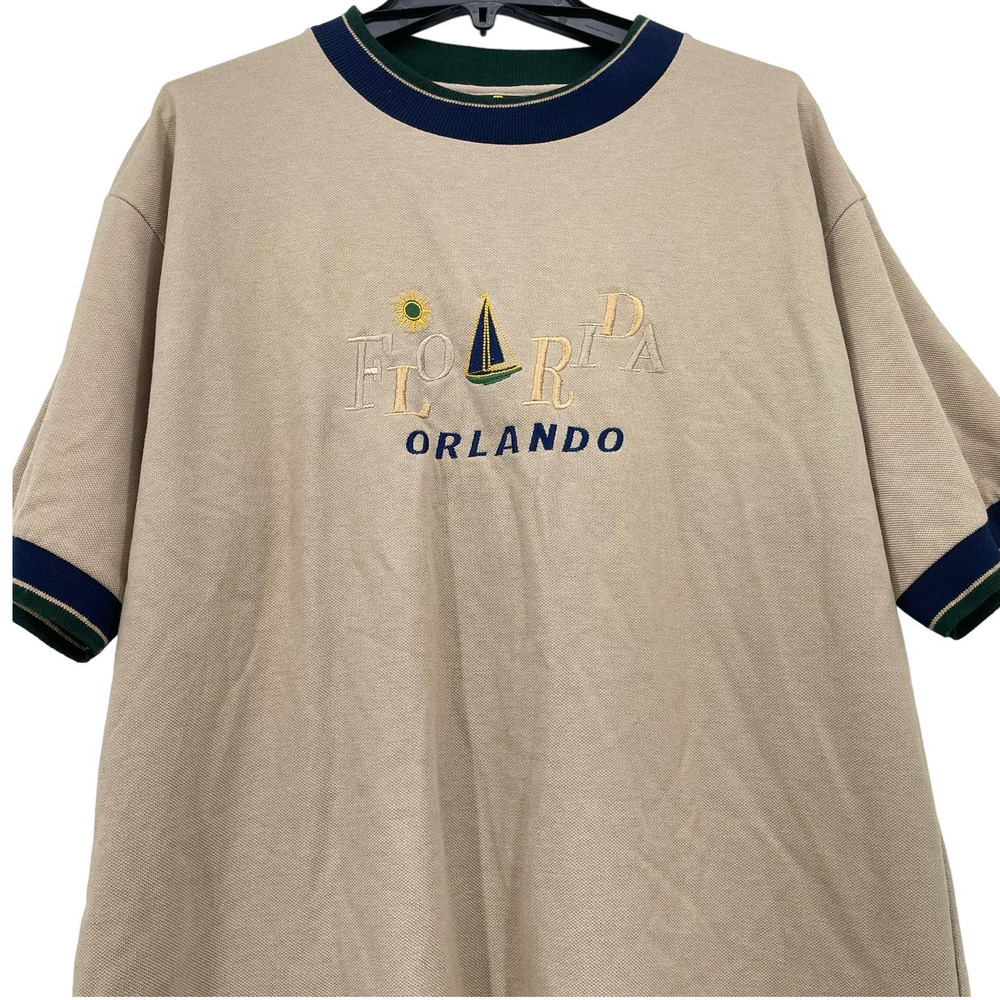 Vintage 90s Embroidered Orlando Florida destination ringer t shirt tan beige